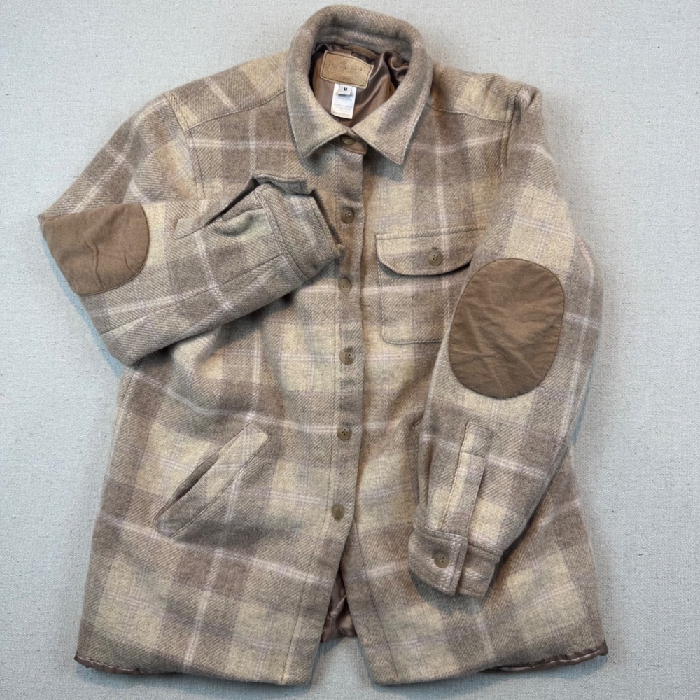 Pendleton Medium Plaid Jacket Womens Tan Wool Blend Elbow Patches Shacket